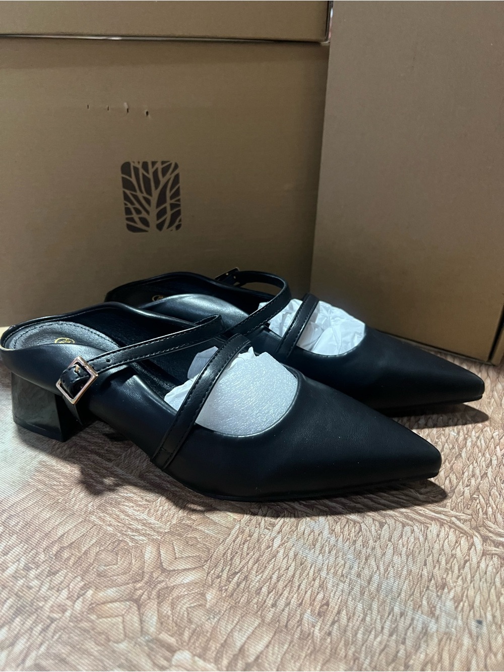Pointed Black Mary Jane Mules with Low Block Heel